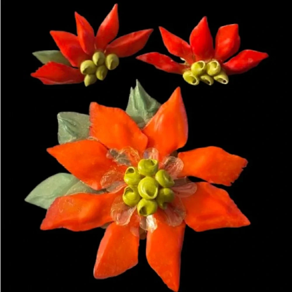 Vintage Hand Made Christmas Poinsettia Flower Brooch Matching Screw Back Earring